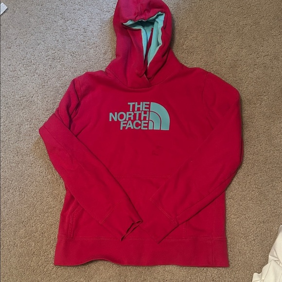The North Face Red Hoodie with Light Blue Logo - Picture 1 of 3